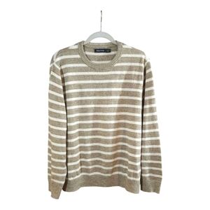 Nautica 100% Cotton Crewneck Sweater in Tan & Cream Stripe Preppy Men's Medium
